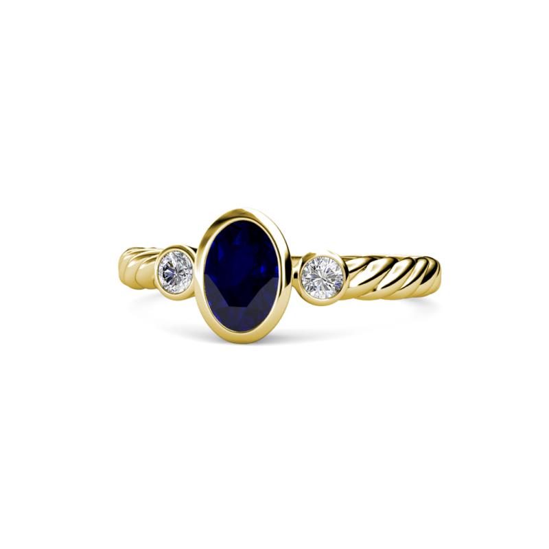 Carolyn Oval Cut Blue Sapphire and Diamond Three Stone Engagement Ring 