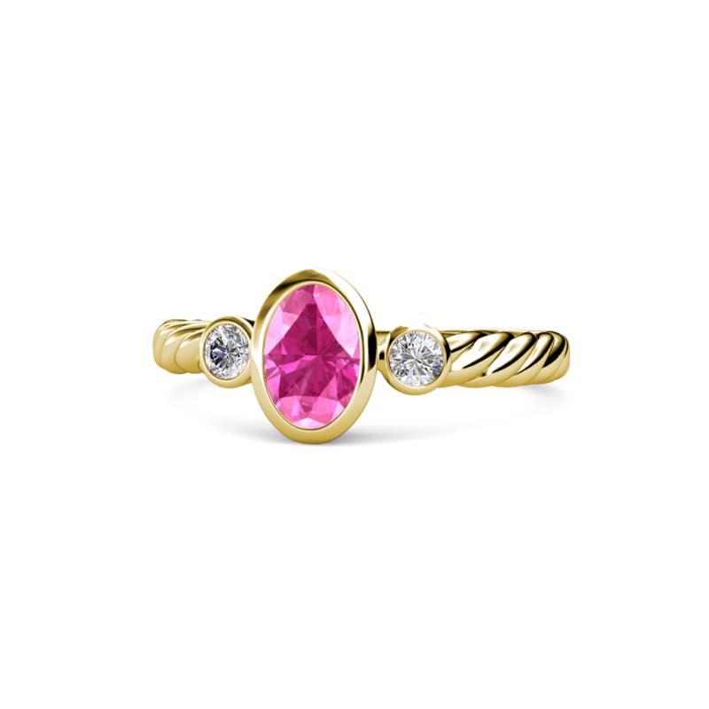 Carolyn Oval Cut Pink Sapphire and Diamond Three Stone Engagement Ring 