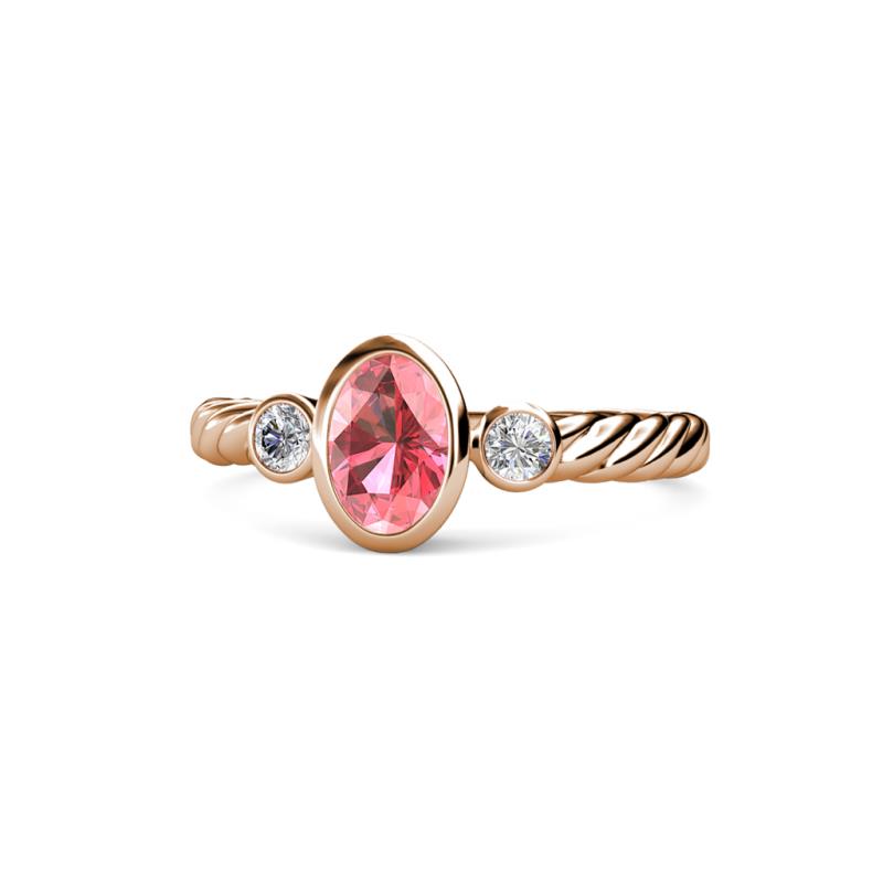 Carolyn Oval Cut Pink Tourmaline and Diamond Three Stone Engagement Ring 