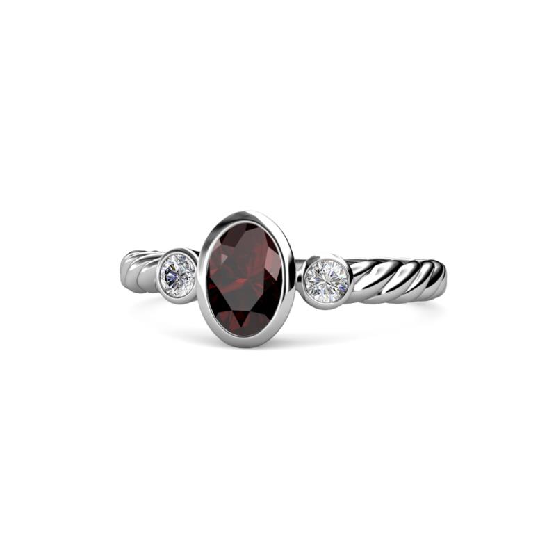 Carolyn Oval Cut Red Garnet and Diamond Three Stone Engagement Ring 