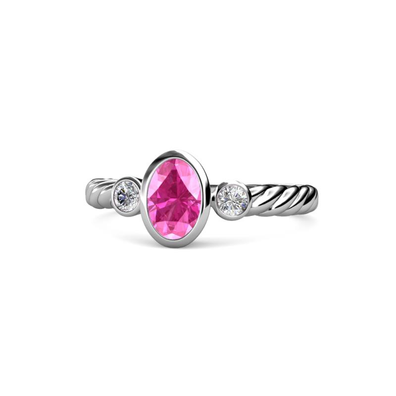 Carolyn Oval Cut Pink Sapphire and Diamond Three Stone Engagement Ring 