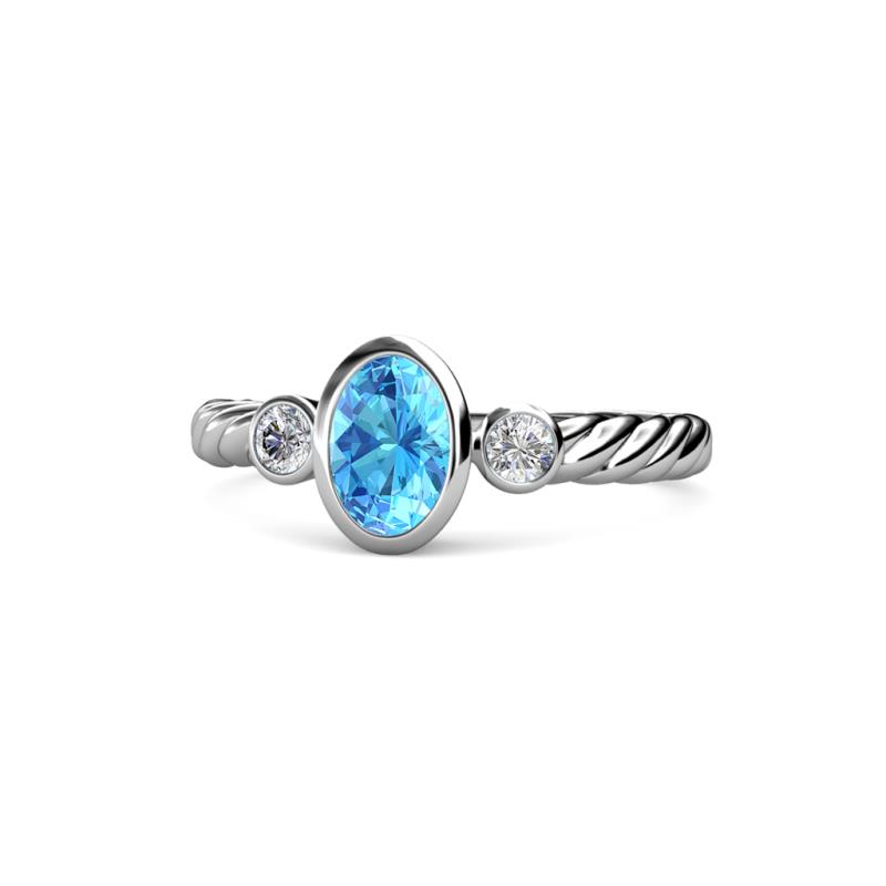 Carolyn Oval Cut Blue Topaz and Diamond Three Stone Engagement Ring 