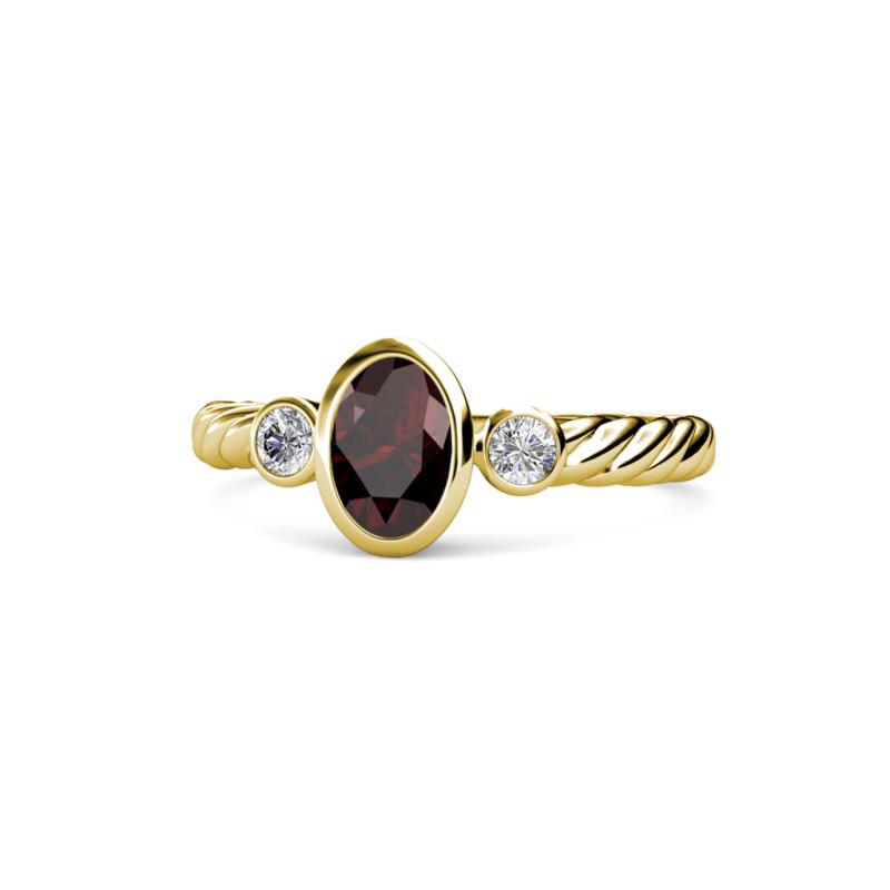 Carolyn Oval Cut Red Garnet and Diamond Three Stone Engagement Ring 