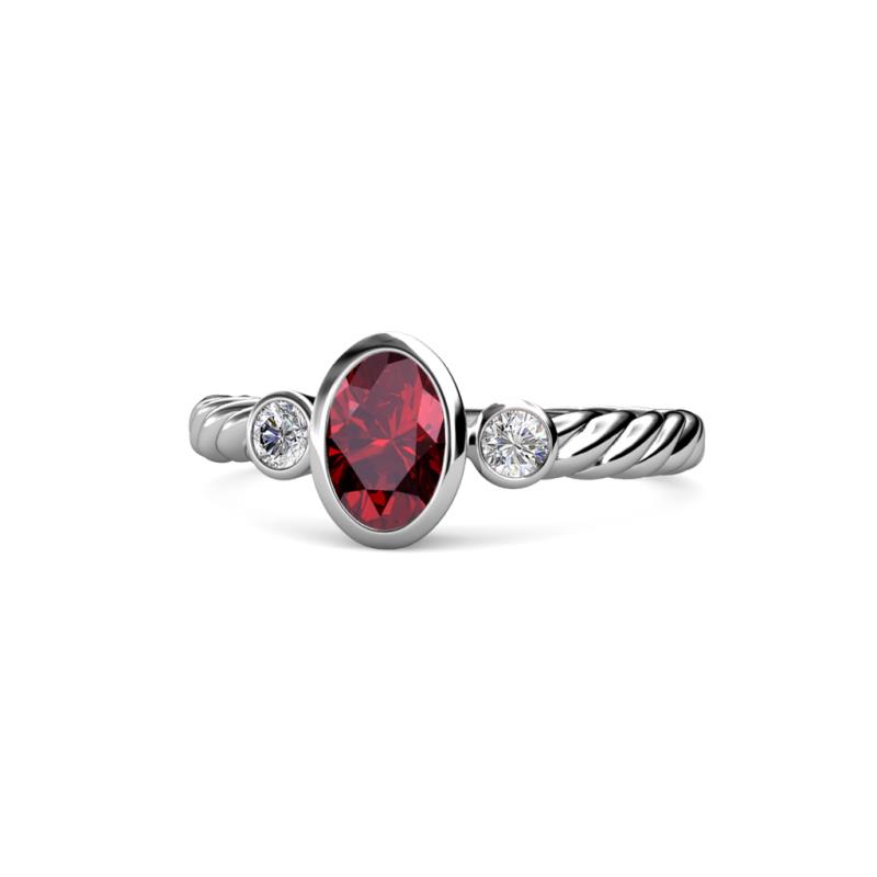 Carolyn Oval Cut Ruby and Diamond Three Stone Engagement Ring 