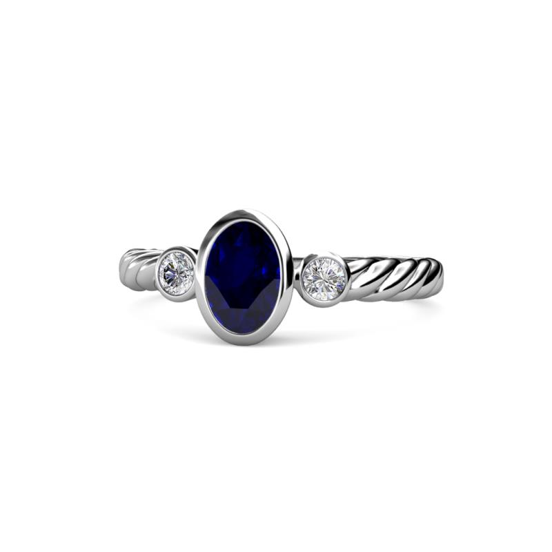 Carolyn Oval Cut Blue Sapphire and Diamond Three Stone Engagement Ring 