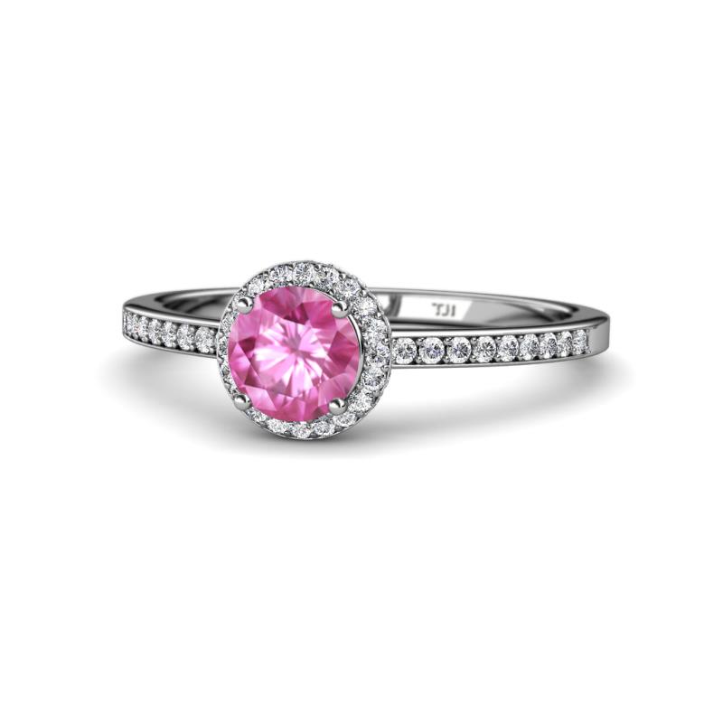 Syna Signature Pink Sapphire and Diamond Halo Engagement Ring 