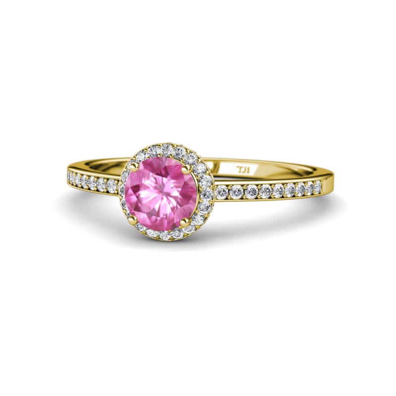 Syna Signature Pink Sapphire and Diamond Halo Engagement Ring 
