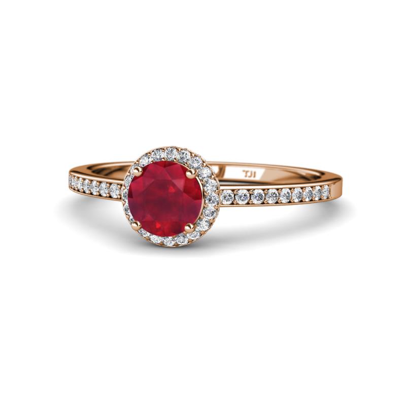 Syna Signature Ruby and Diamond Halo Engagement Ring 