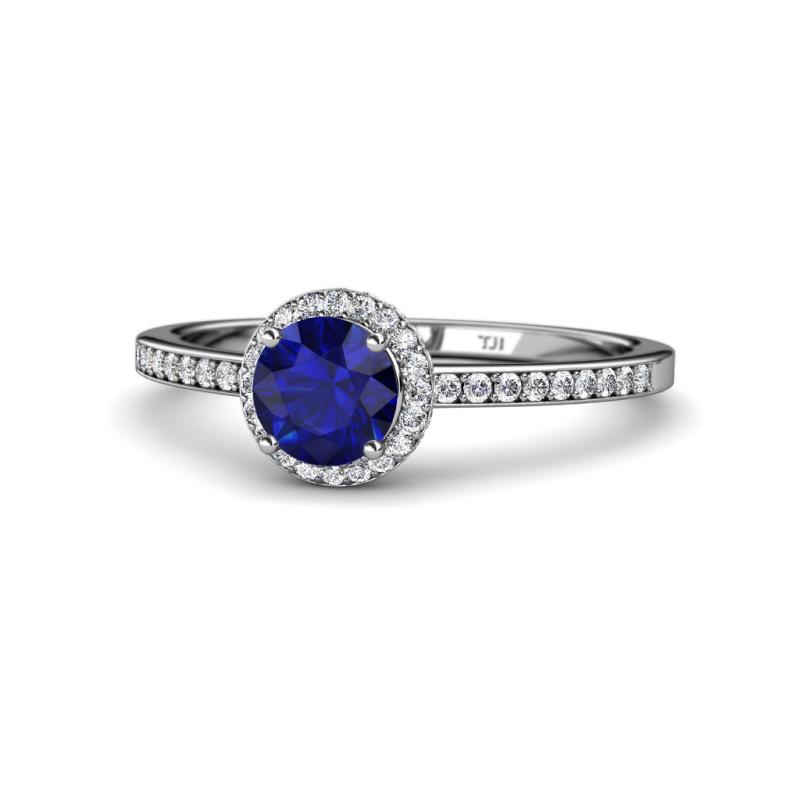 Syna Signature Blue Sapphire and Diamond Halo Engagement Ring 