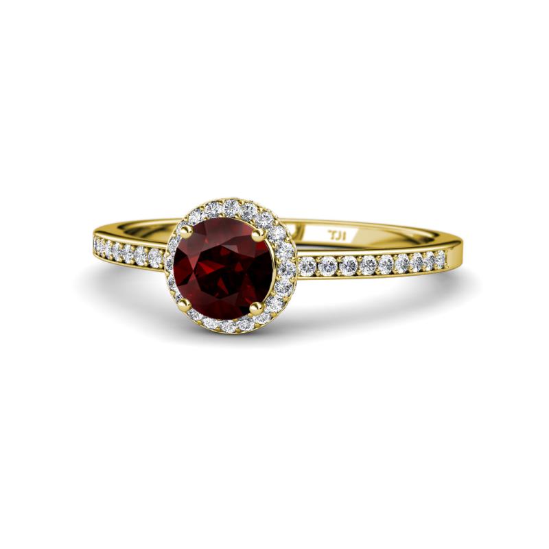 Syna Signature Red Garnet and Diamond Halo Engagement Ring 