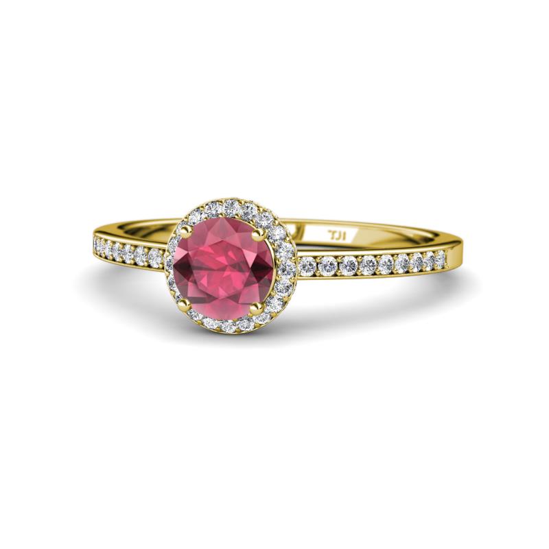 Syna Signature Rhodolite Garnet and Diamond Halo Engagement Ring 