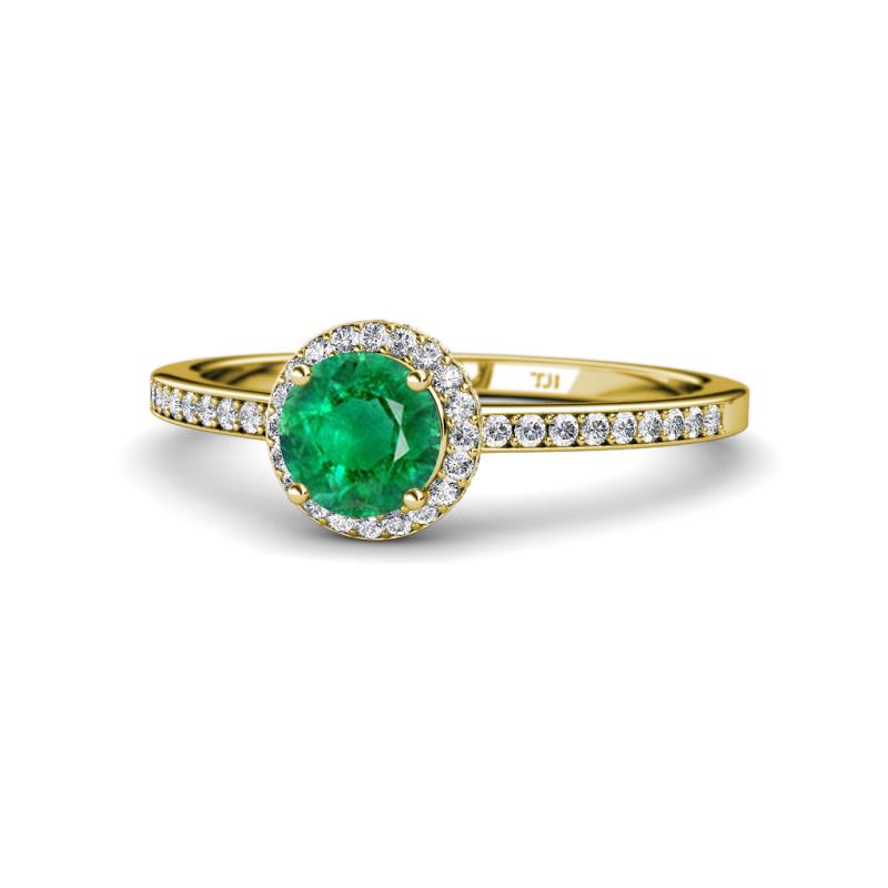 Syna Signature Emerald and Diamond Halo Engagement Ring 