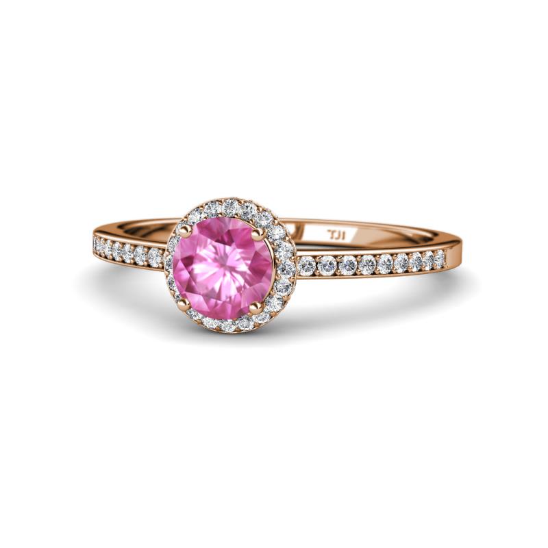 Syna Signature Pink Sapphire and Diamond Halo Engagement Ring 