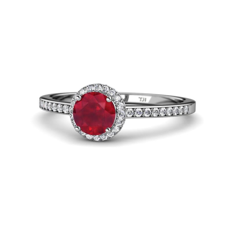 Syna Signature Ruby and Diamond Halo Engagement Ring 