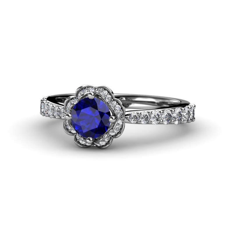 Florus Blue Sapphire and Diamond Halo Engagement Ring 