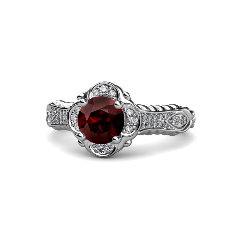 Maura Signature Red Garnet and Diamond Floral Halo Engagement Ring 