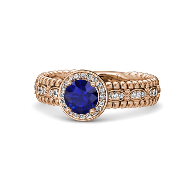 Cera Signature Blue Sapphire and Diamond Halo Engagement Ring 