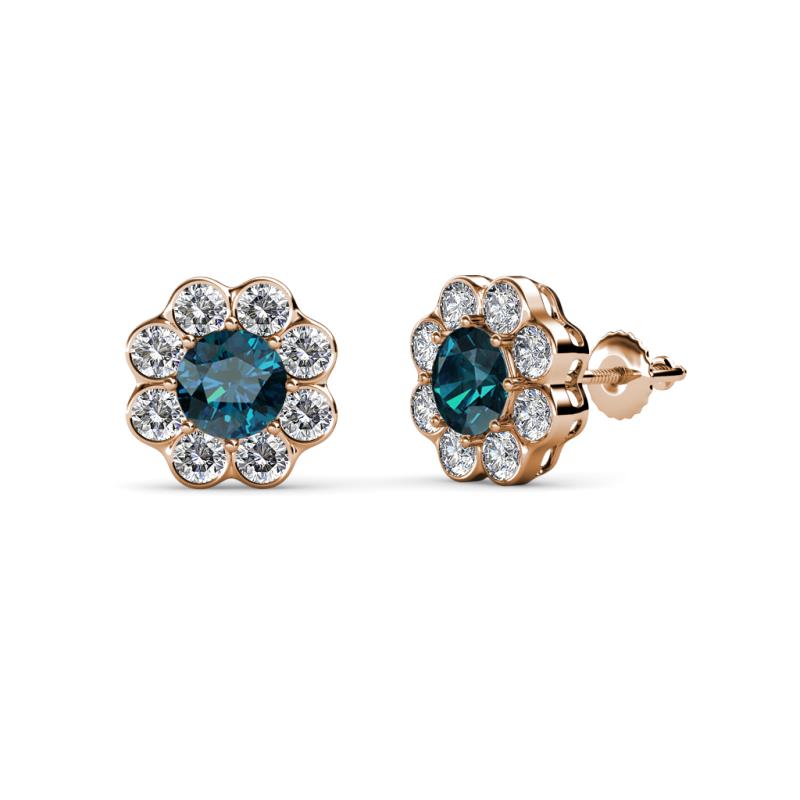 Fleur Blue and White Diamond Floral Halo Stud Earrings 