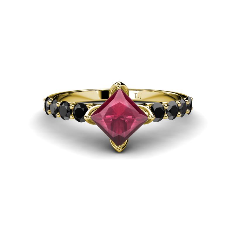Alicia Princess Cut Rhodolite Garnet and Black Diamond Engagement Ring 