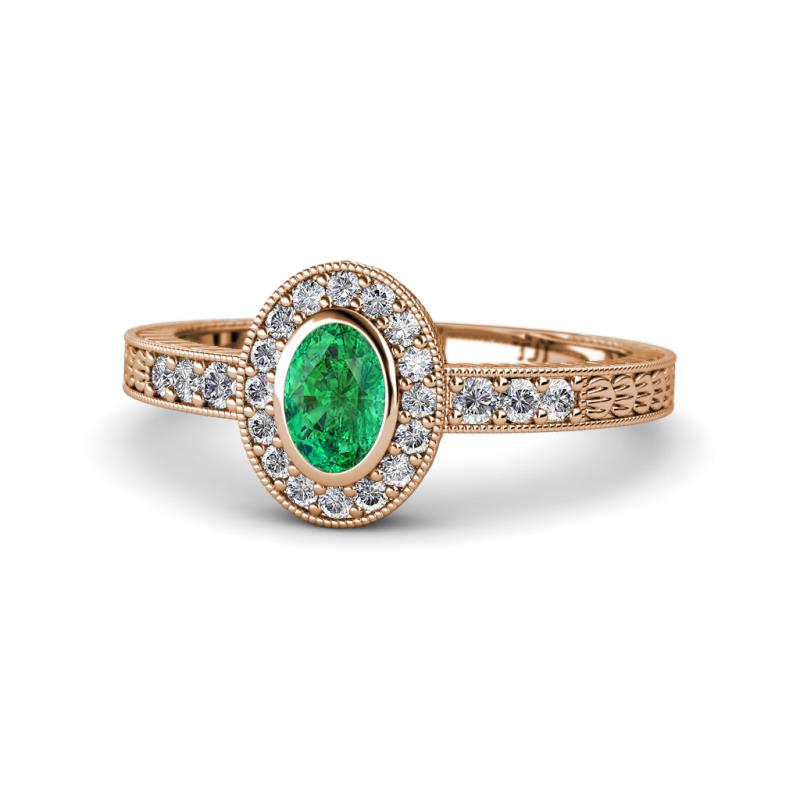 Annabel Desire Oval Cut Emerald and Diamond Halo Engagement Ring 