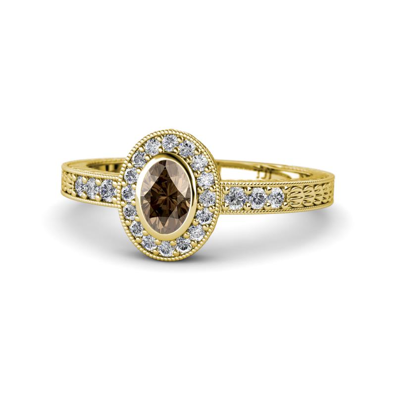 Annabel Desire Oval Cut Smoky Quartz and Diamond Halo Engagement Ring 