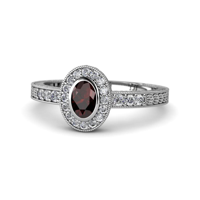 Annabel Desire Oval Cut Red Garnet and Diamond Halo Engagement Ring 