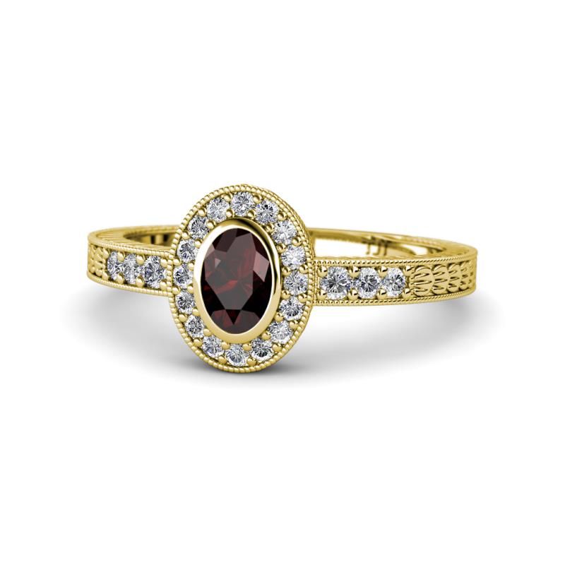 Annabel Desire Oval Cut Red Garnet and Diamond Halo Engagement Ring 
