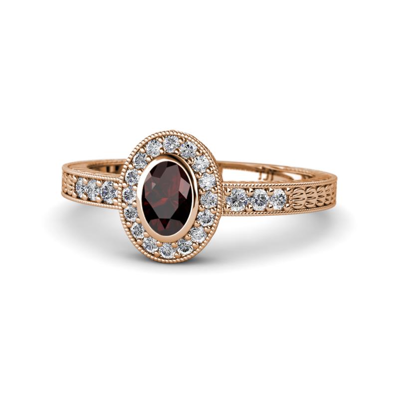 Annabel Desire Oval Cut Red Garnet and Diamond Halo Engagement Ring 
