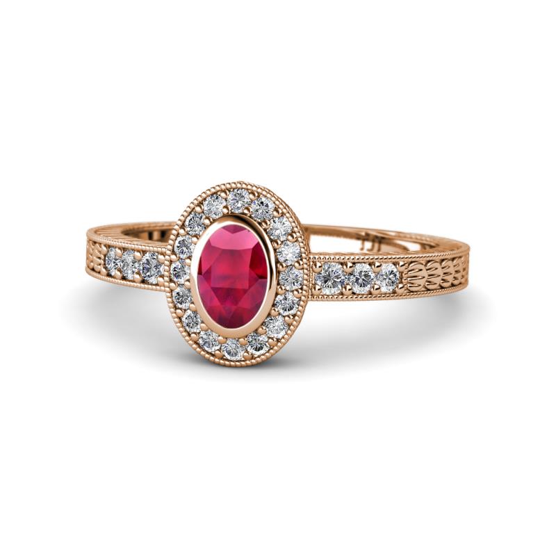 Annabel Desire Oval Cut Ruby and Diamond Halo Engagement Ring 