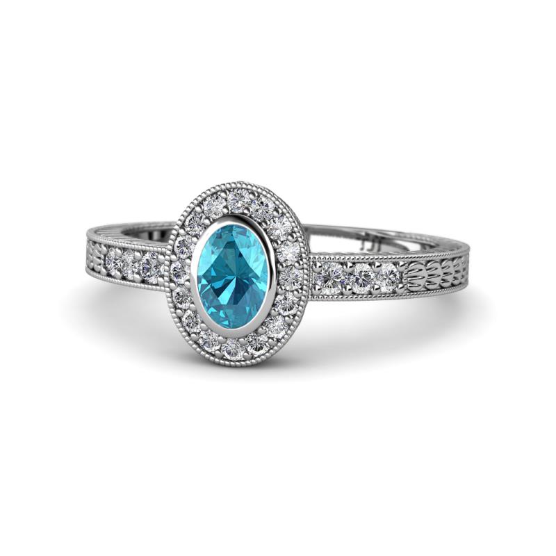 Annabel Desire Oval Cut London Blue Topaz and Diamond Halo Engagement Ring 
