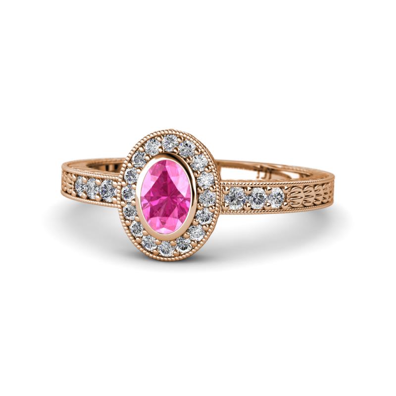 Annabel Desire Oval Cut Pink Sapphire and Diamond Halo Engagement Ring 