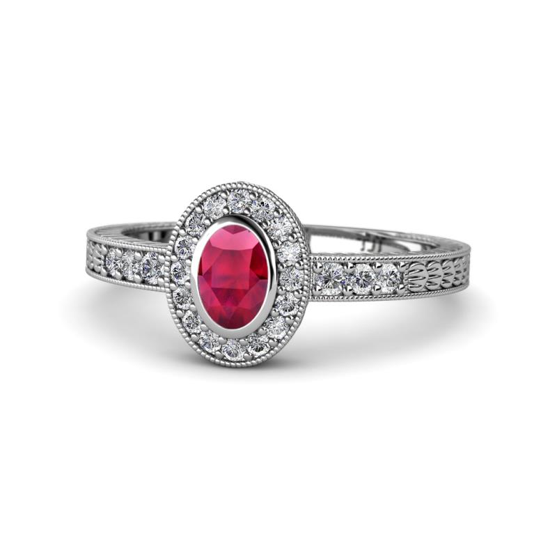 Annabel Desire Oval Cut Ruby and Diamond Halo Engagement Ring 