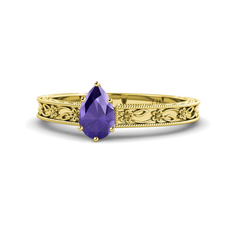 Florie Classic 7x5 mm Pear Shape Iolite Solitaire Engagement Ring 