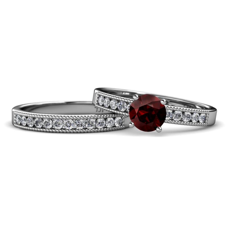 Ronia 1.71 ctw Classic Red Garnet (6.50 mm) Accented Lab Grown Diamonds Bridal Set Ring  