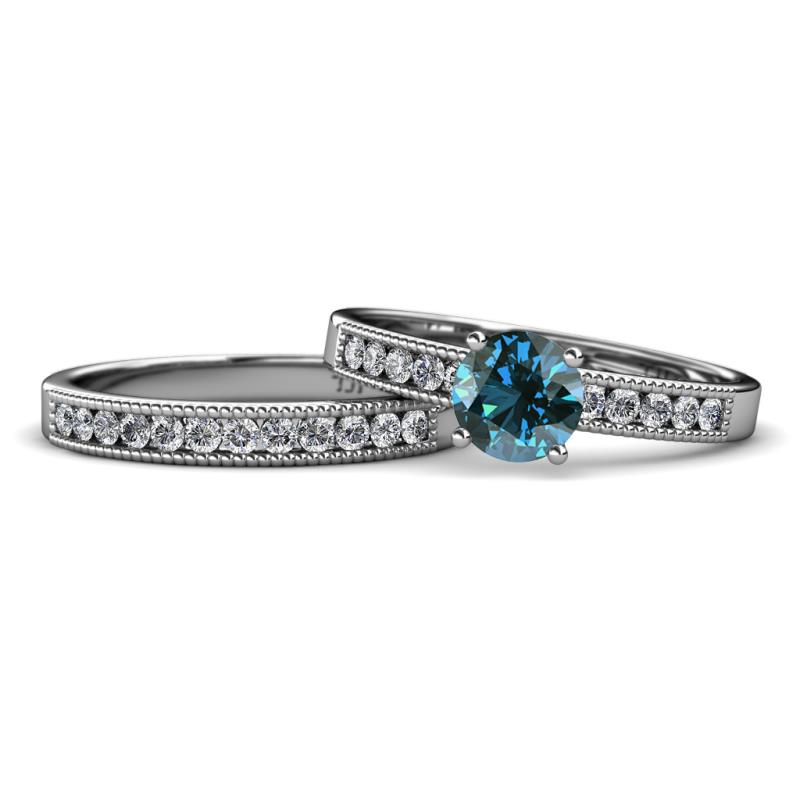 Ronia 1.66 ctw Classic Blue Diamond (6.50 mm) Accented Lab Grown Diamonds Bridal Set Ring  