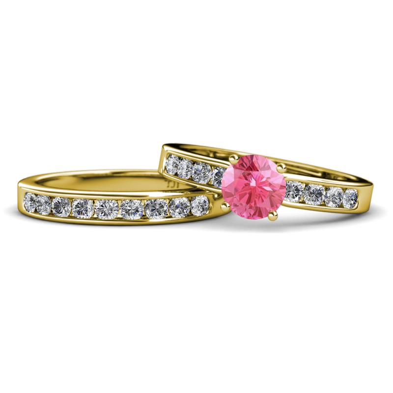 Enya 2.15 ctw Classic Pink Tourmaline (6.50 mm) Accented Lab Grown Diamonds Bridal Set Ring  