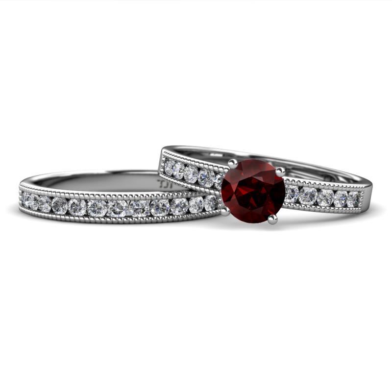 Ronia Classic Red Garnet and Diamond Bridal Set Ring 