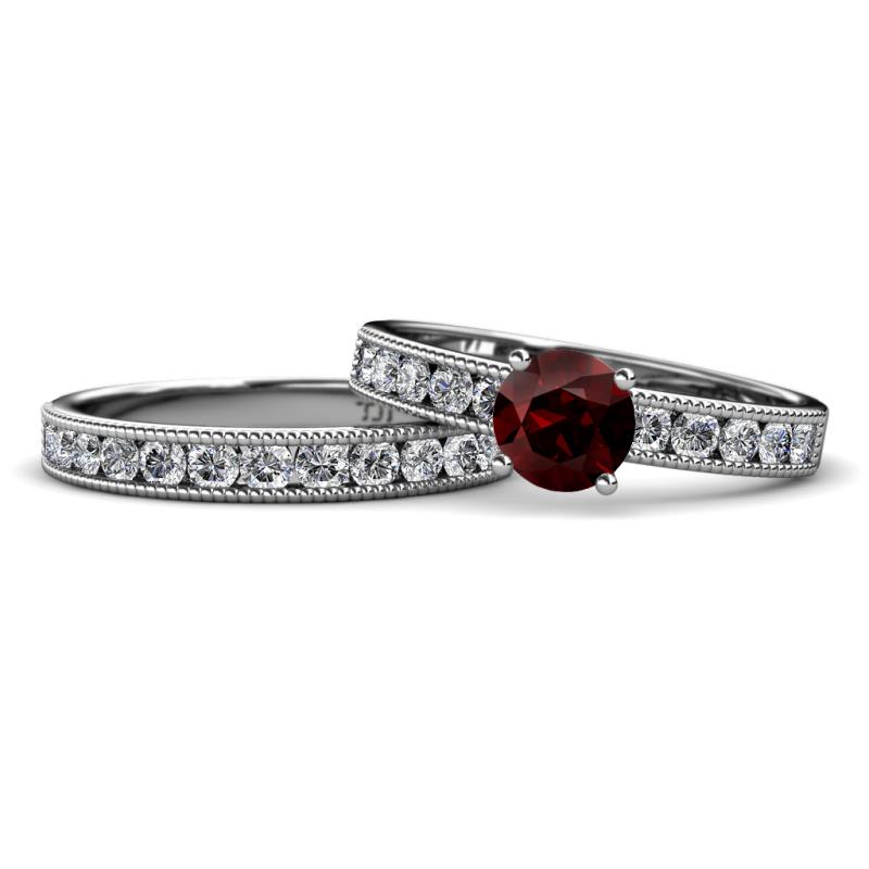 Ronia Classic Red Garnet and Diamond Bridal Set Ring 