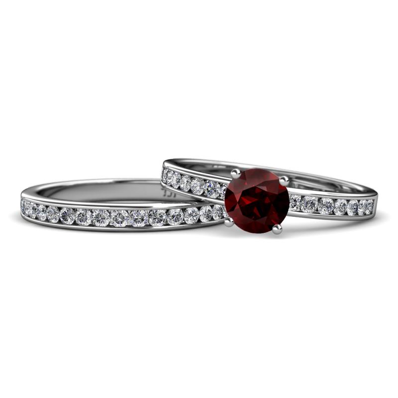 Salana Classic Red Garnet and Diamond Bridal Set Ring 