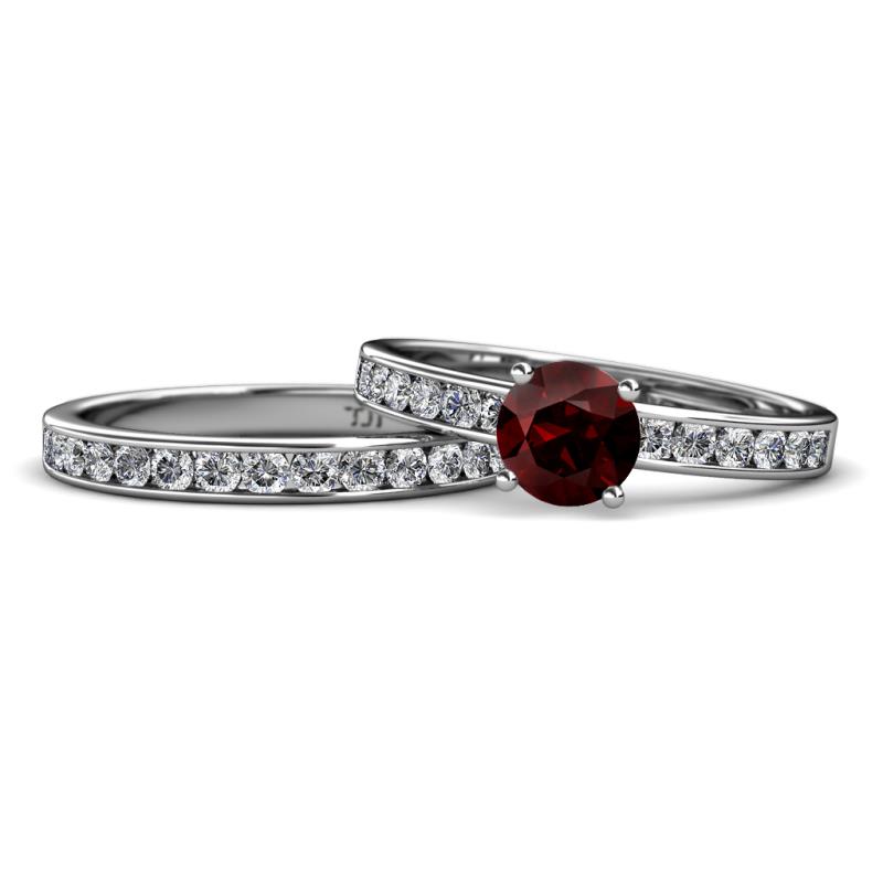 Salana Classic Red Garnet and Diamond Bridal Set Ring 