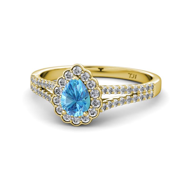 Raisa Desire Blue Topaz and Diamond Halo Engagement Ring 