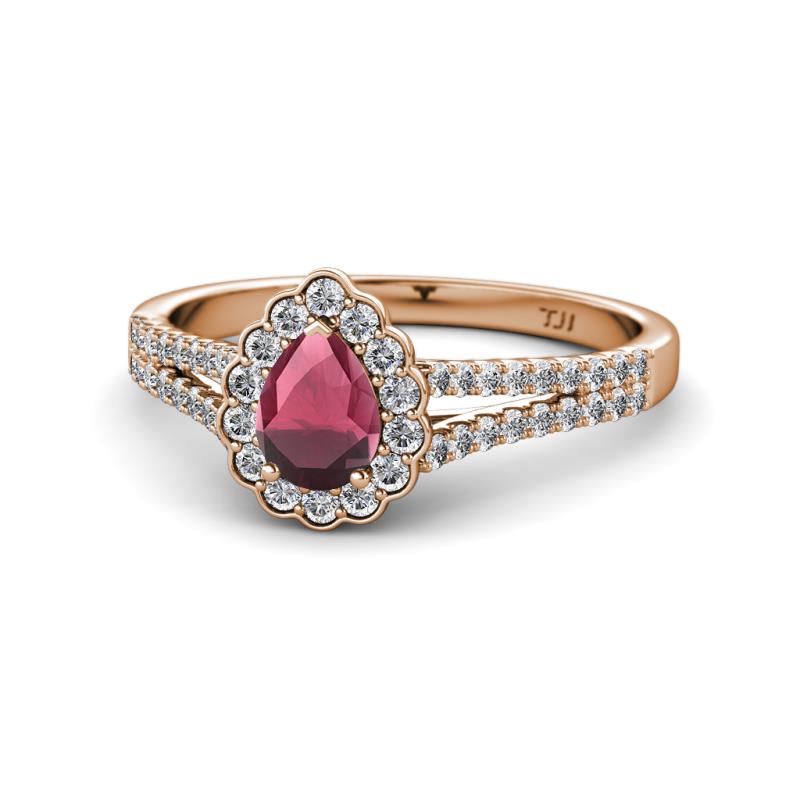 Raisa Desire Rhodolite Garnet and Diamond Halo Engagement Ring 