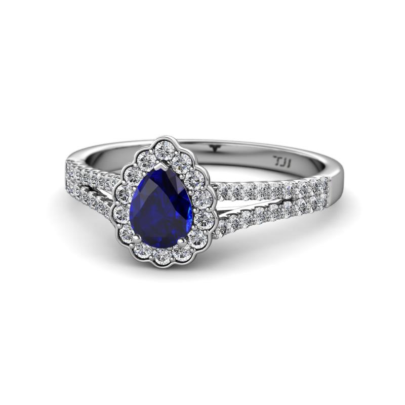 Raisa Desire Blue Sapphire and Diamond Halo Engagement Ring 