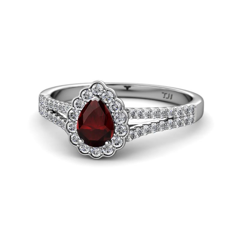 Raisa Desire Red Garnet and Diamond Halo Engagement Ring 