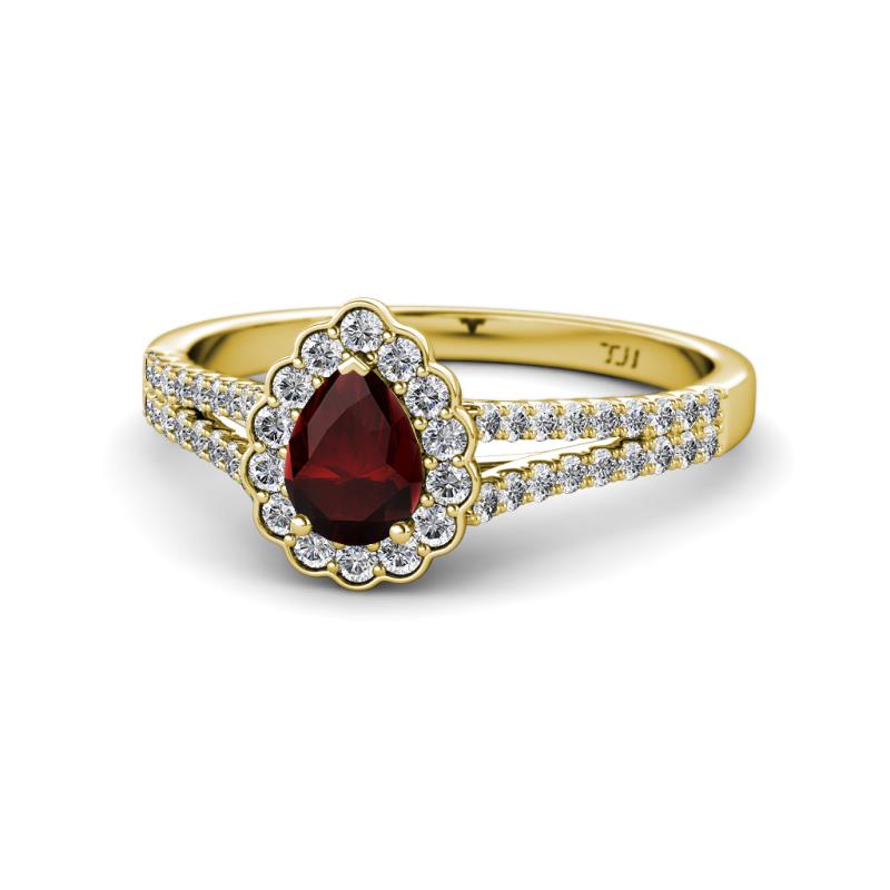 Raisa Desire Red Garnet and Diamond Halo Engagement Ring 