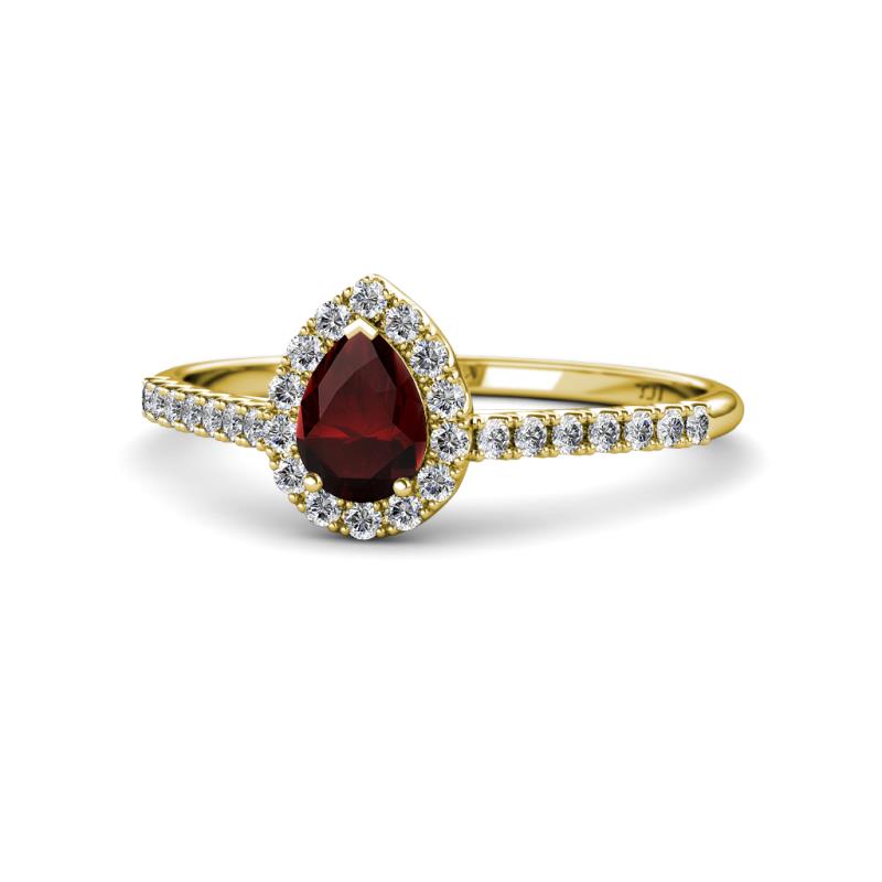 Alba Desire Pear Cut Red Garnet and Diamond Halo Engagement Ring 