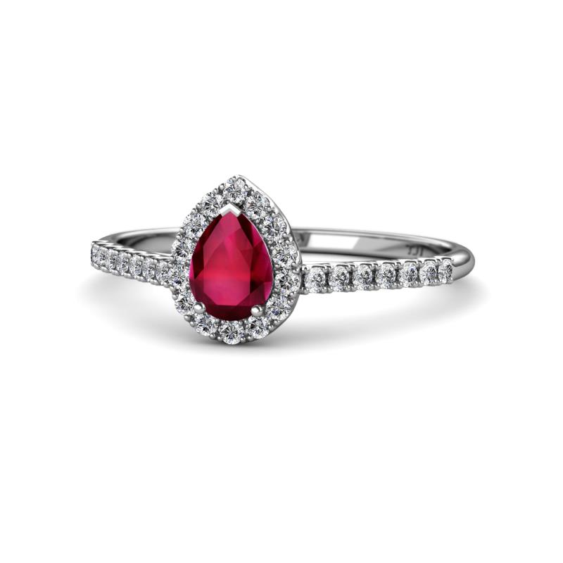Alba Desire Pear Cut Ruby and Diamond Halo Engagement Ring 