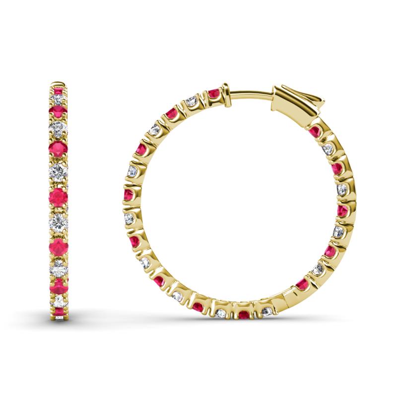 Melissa 1.03 ctw (1.70 mm) Inside Outside Round Ruby and Natural Diamond Eternity Hoop Earrings 