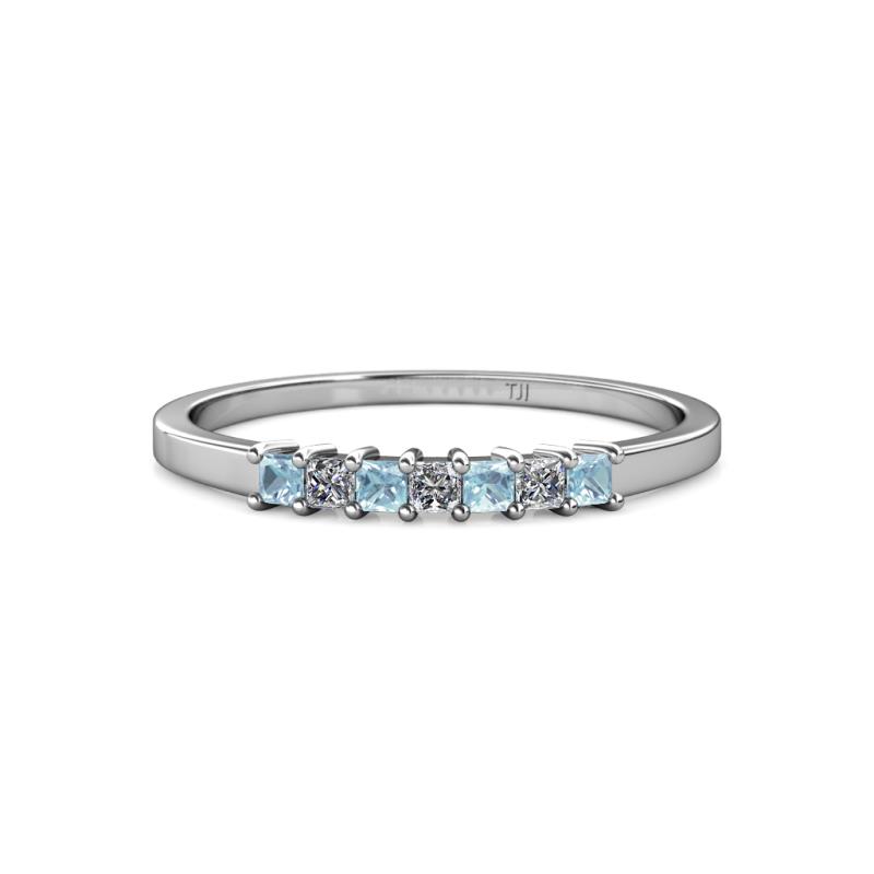 Evia 2.00 mm Princess Cut Aquamarine and Diamond 7 Stone Wedding Band 