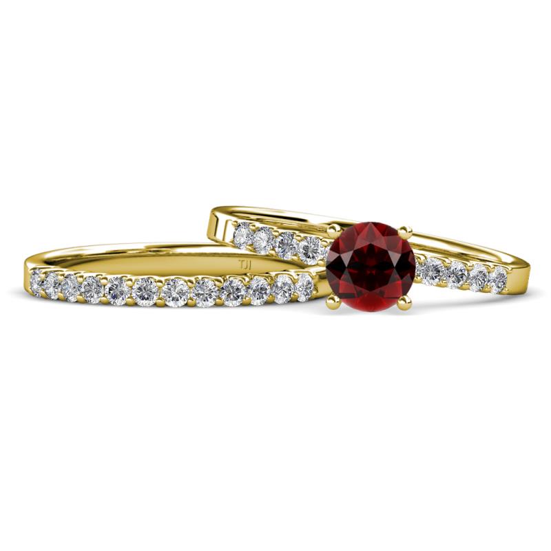 Sezen Red Garnet and Diamond Bridal Set Ring 
